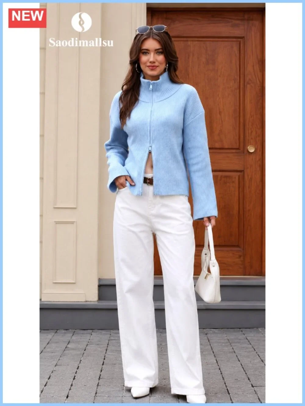 Chunky Ribbed Knit Zip Up Cardigan Mock Neck Long Sleeve Sweater Jacket